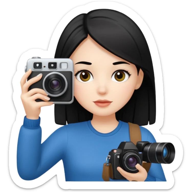 White girl, straight black hair holding a camara and taking pictures sticker