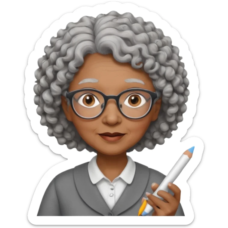 old woman teacher, brown skin, curly grey hai, wearing glasses, hold chalk on hand sticker
