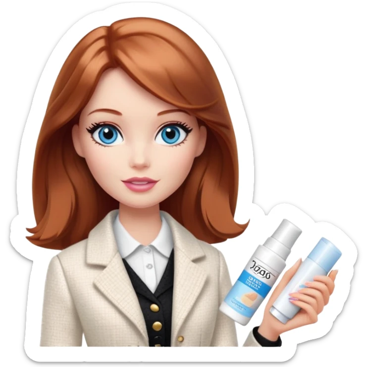 A Barbie girl with blue eyes, shoulder-length reddish-brown hair, made-up, in a white tweed jacket and black skirt, holding a tube of pale beige face cream sticker