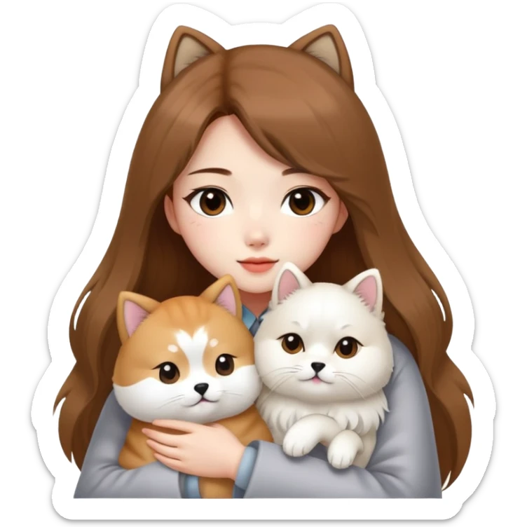 A Chinese fashion pretty girl with brown hair, wearing a light gray fur coat, hugging a Shiba Inu and a long-haired white Persian cat. sticker