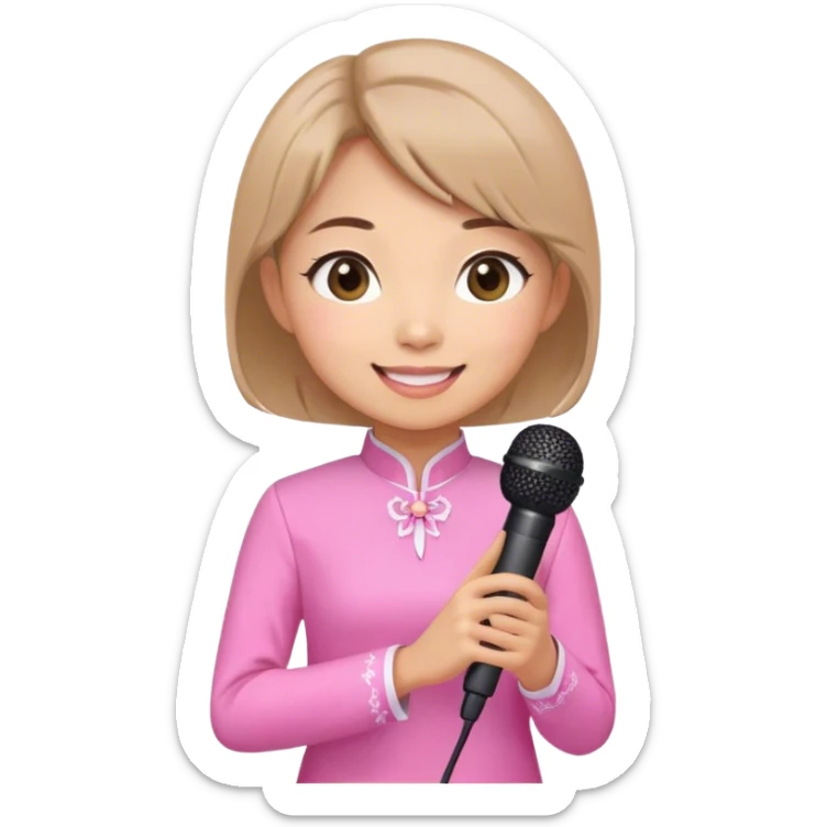 The female teacher in the pink ao dai, cute, with shoulder-length short hair, holding a microphone, is smiling. sticker