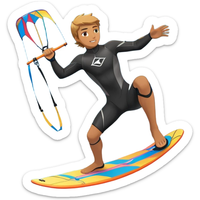 An athlete in a wetsuit riding a kiteboard, soaring over the sea waves with the kite high in the sky. The background features a vibrant blue sky and crashing ocean waves, capturing the thrill and freedom of kitesurfing in dynamic motion. sticker