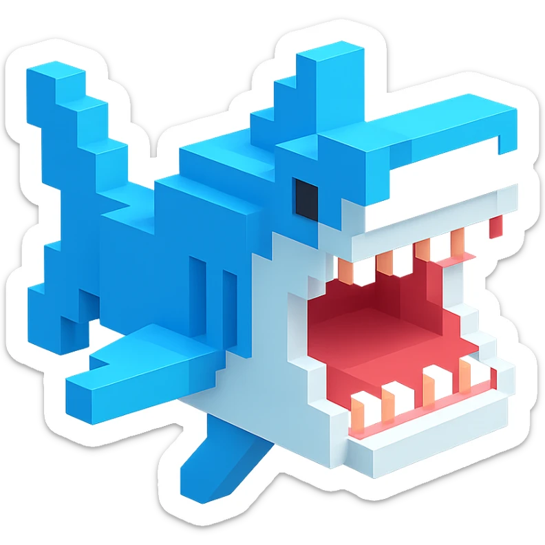 voxel style shark, open mouth, blocky, blue and silver, no background sticker