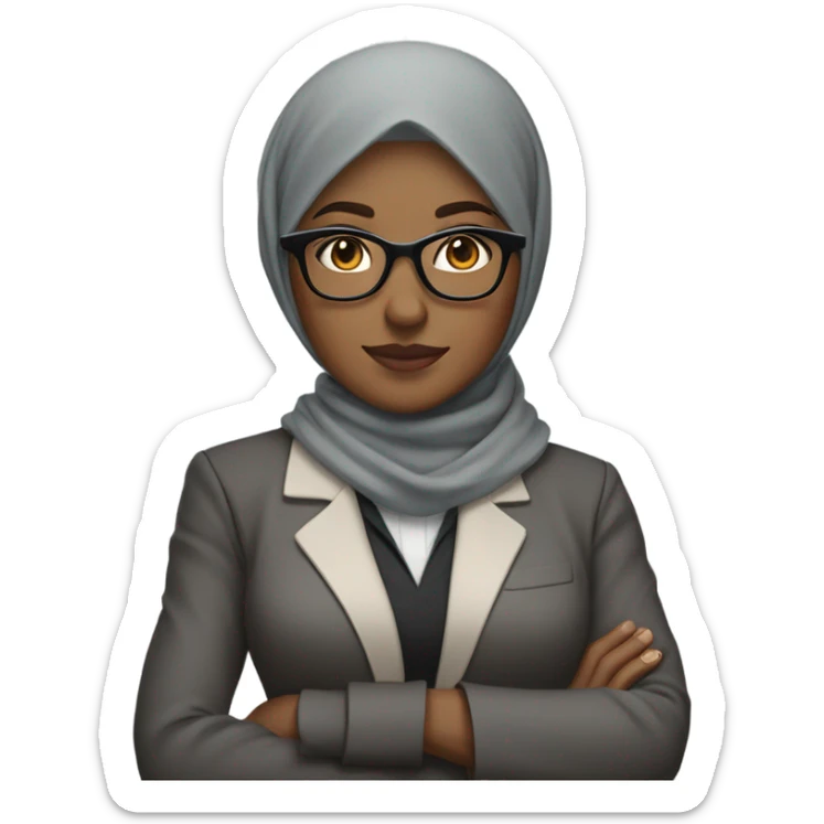 half-body career woman wearing a hijab with arms crossed over her chest with glasses, medium skintone, wearing a blazer and gray hijab sticker