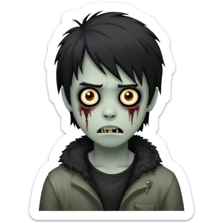 boy zombie with black medium-long emo shaggy hair, dark and spooky, creepy expression sticker