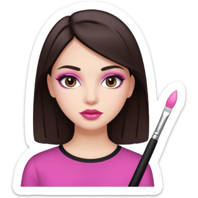 White girl with straight dark brown hair and dark brown eyes, pink lips, "clean girl" makeup  sticker