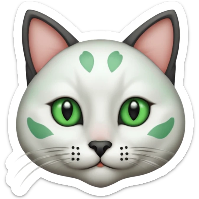 Haz una gata de ojos verdes la cara blanca con mancha negra en las orejas que agarra parte de la frente del lado der pero del iz va desde el ojo hasta la oreja la mancha, tiene la nariz negra en forma de corazón y todo lo que sobra de la cara, barbilla la nariz arriba y el lado de bigotes es blanca sticker