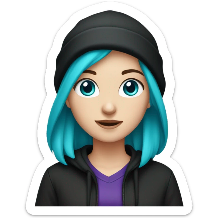 White girl, black hoodie, teal purple hair, black beanie hat, blue eyes sticker