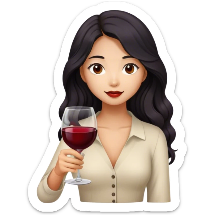 tan asian girl with black long wavy hair holding glass of wine sticker