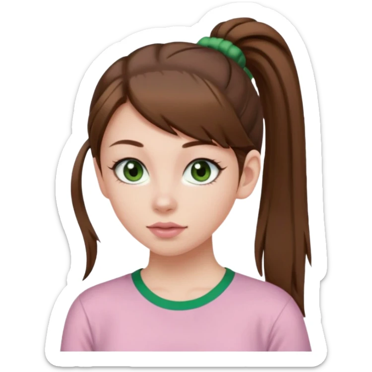 create an emoji of a young woman. She has a nice look, with long brown hair in a single ponytail with a hair tie, dark green eyes, pale skin, natural soft pink lips. she wears a green y2k top sticker