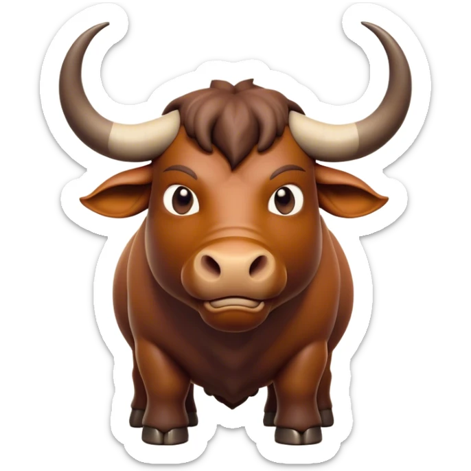 Cinematic Noble Domestic Ox Portrait Emoji, Poised and stalwart, with a massive, muscular build and a thick, smooth hide in deep earthy tones, prominent, curved horns, and steady, soulful eyes, Simplified yet sharp and sophisticated features, highly detailed, glowing with a warm, dignified glow, high shine, intelligent and dependable, stylized with an air of timeless strength, focused and attentive, soft glowing outline, capturing the essence of a watchful and confident ox that feels as though it could plod out of the screen with effortless authority! sticker