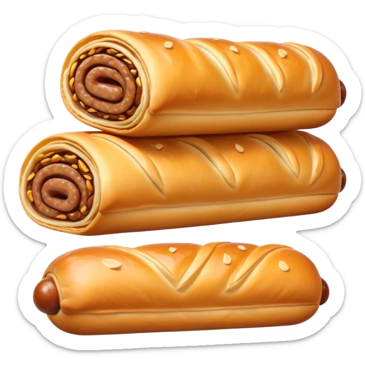 cinematic-realistic-sausage-roll-dish-emoji,-depicted-with-a-crisp,-golden-pastry-wrapped-around-flavorful-sausage,-rendered-with-detailed-textures-wrapped ina. plastic wrapper unrapped - and-appetizing-lighting sticker