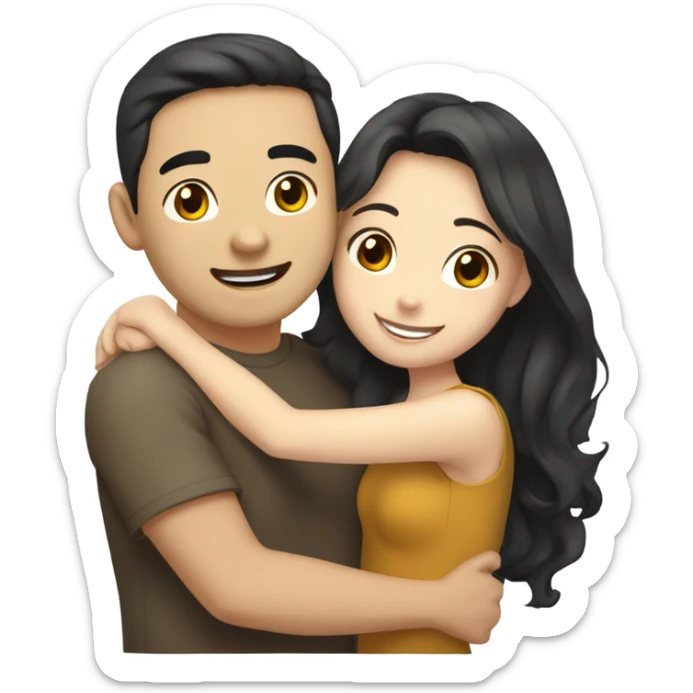 A cute and very happy Asian couple hugging each other very tight. The girl has long dark wavy hair and pale skin and dark hazel eyes, the Man has short dark straight hair and bright amber eyes and is pale sticker