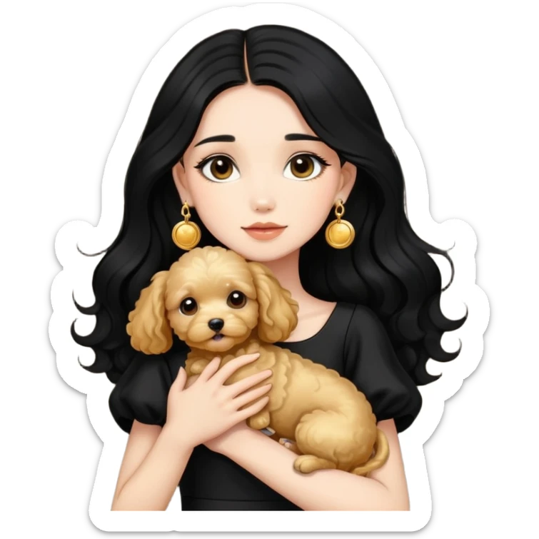 Beautiful skinny woman long dark black hair in dark dress with gold earrings hugs golden maltipoo sticker