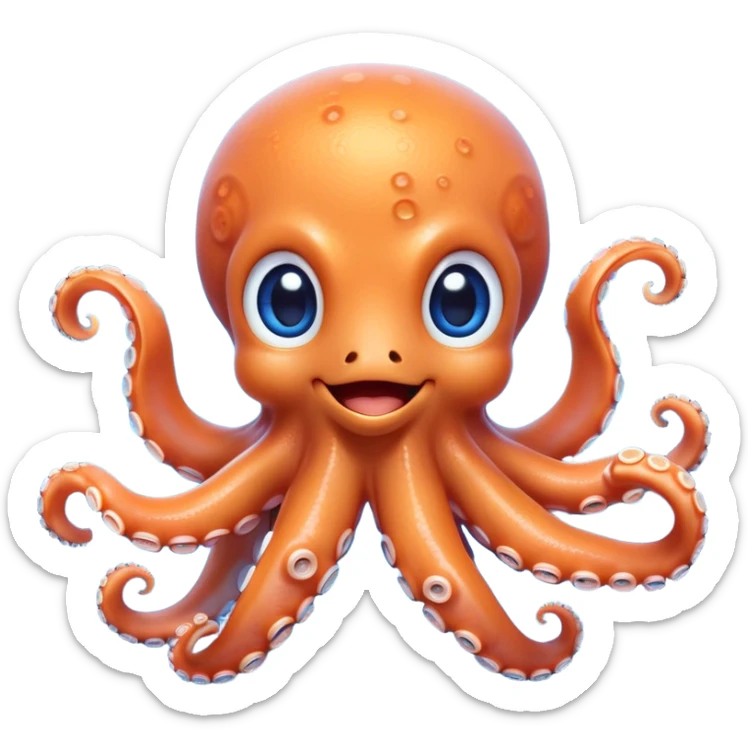 Cinematic Cute smiling Octopus Portrait Emoji, Head tilted playfully and inquisitively, featuring a rounded, light orange body embellished with playful blue rings, eight adorably curling arms, and big, twinkling eyes full of wonder, Simplified yet irresistibly adorable features, highly detailed, glowing with a warm, inviting underwater glow, high shine, affectionate and lively, stylized with a touch of whimsical cartoon charm, soft glowing outline, capturing the essence of a mischievous yet loving octopus that seems as if it could bob out of the screen into your arms! sticker