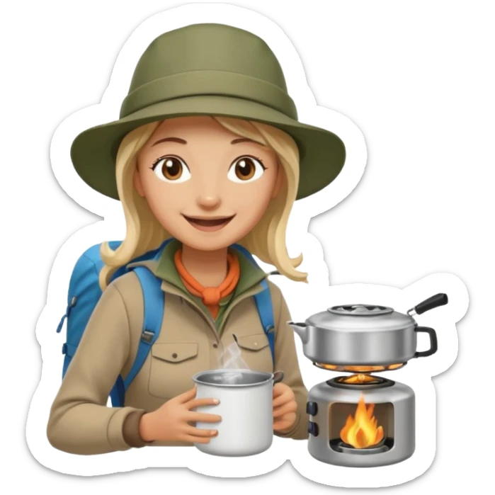 A woman camper boiling water on a portable stove, enjoying the outdoor sticker