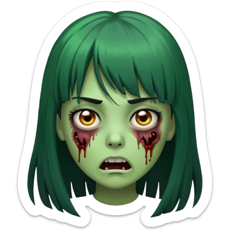 Faça uma menina de cabelo liso preto com franja zumbi cabelo longo 🧟‍♀️ faça ela assim faça ela verde com cara mais assustadora sticker