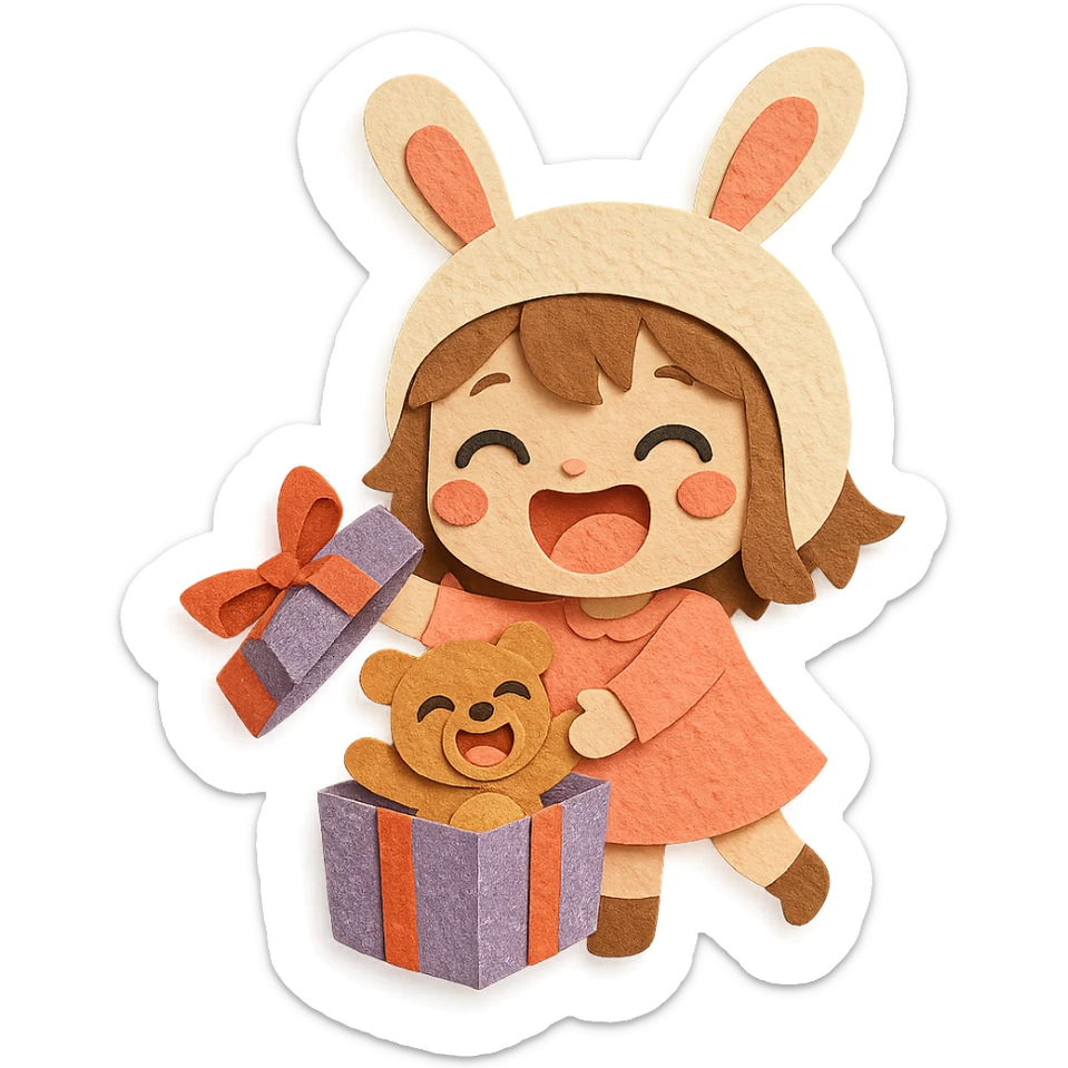 full-body laughing chibi girl in bunny hat opening glittery gift box with laughing teddy bear inside, paper-craft style sticker
