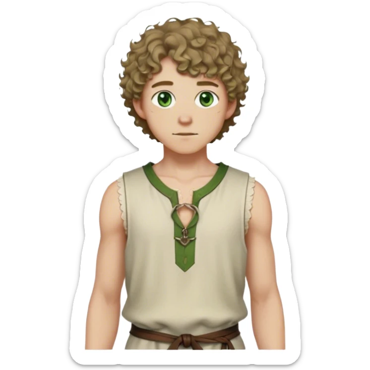 medieval summer outfit worn by a DnD themed fantasy male character. thin, sleeveless wool tunic with a small keyhole opening at the neckline, tied shut with a leather string. clothes only above the waist. The clothes full waist. The character's haven't arms. character is white-skinned, dark blonde hair, green eyes, short curly hair. sticker