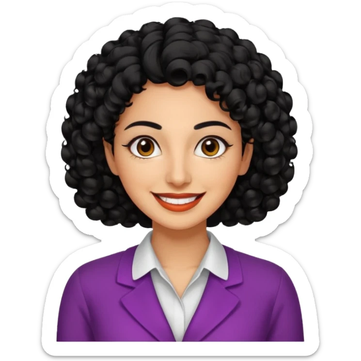 30 year old iranian woman very short curly black hair, big brown eyes, tanned skin, big smile, white teeth, pretty, stylish, shorter hair, boy cut hair, nice clothes sticker