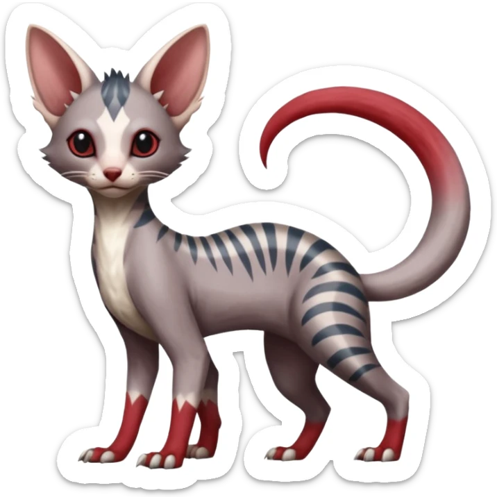 Minccino-Lykoi-Civet-Sphynx-Linoone-Zangoose-fusion-hybrid-animal-Fakémon-creature, full body, thin long sleek scaly tail, intricate markings sticker