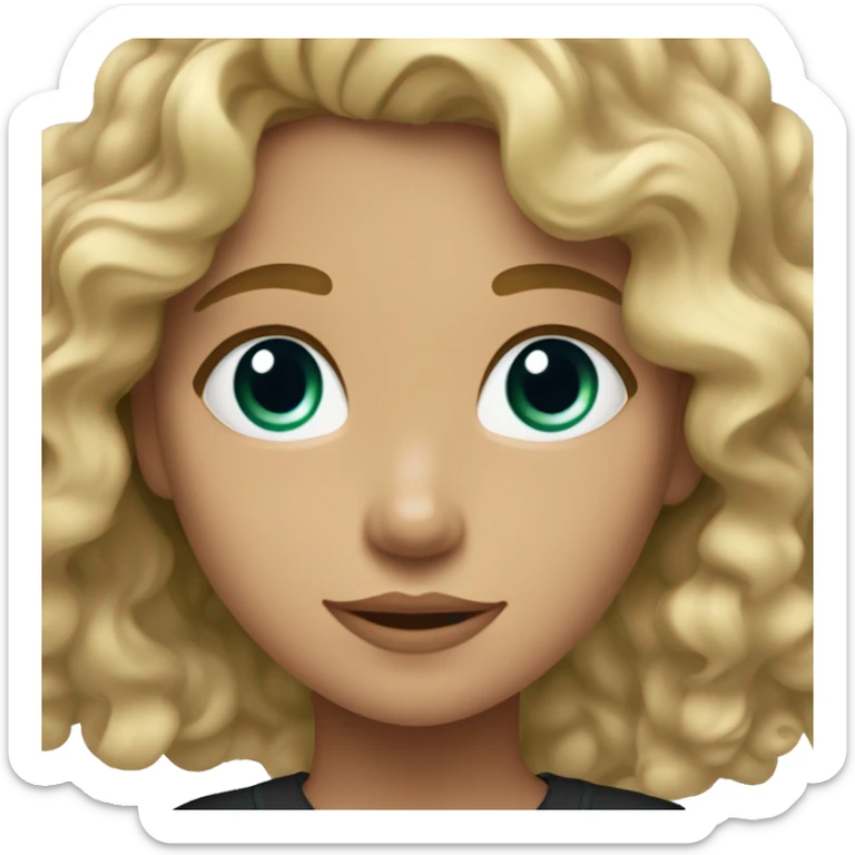 A girl with medium blonde wavy ish curly hair and blue eyes with a hint of green and a black shirt sticker