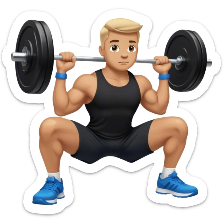 tanned man black shorts black t shirt blue shoes barbell squats sticker