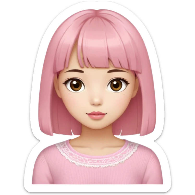 Cute East Asian girl, soft fair skin with blush on cheeks, big brown eyes with long lashes, natural pink lips, inward brown bob with straight bangs. Wearing a stylish pink knit top with ribbon details and subtle lace trim, holding a abyssinian sticker