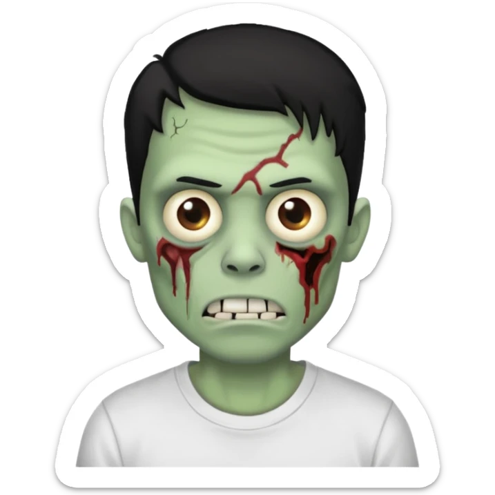 Rosto de frente classico de zombie boca meio torta cabelos medios pretos low fade com pele verde clara camiseta branca sticker
