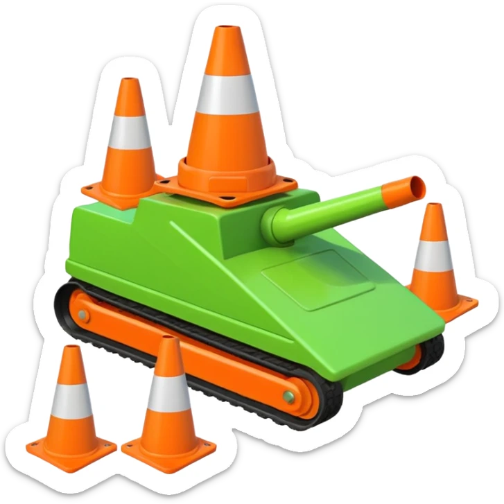 green tank with its treads flattening traffic cones directly underneath, emoji style sticker