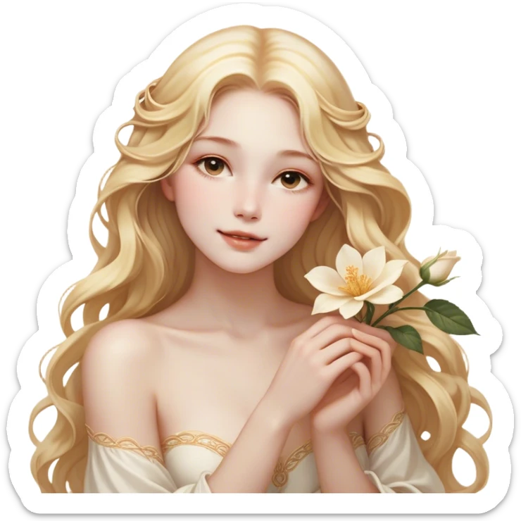 Cinematic Realistic Rapunzel Portrait, with porcelain-like skin featuring a subtle, natural glow, illuminated by soft lighting that brings out the gentle contours of her face. Her long, golden blonde hair cascades in detailed waves, each strand highlighted with a radiant shimmer as it catches the light. She playfully holds a flower in one hand, her other hand resting casually in her lap, with a warm and spirited expression. Her bright, expressive green eyes exude curiosity and warmth, framed by delicate lashes and soft, arched brows. She is dressed in her classic lavender and pink gown, the fabric textured with delicate folds that flow naturally, catching the light with a soft, radiant glow. The portrait captures a luminous, enchanting aura, seamlessly blending realism with a whimsical, fairytale charm, evoking a timeless sense of beauty and magic. sticker