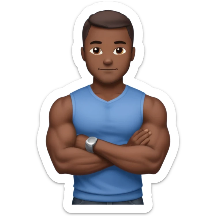 Adult male, dark skin, muscular build, confident smirk, arms crossed, sleek modern casual clothing, assertive pose, strong silhouette, bold shading. sticker
