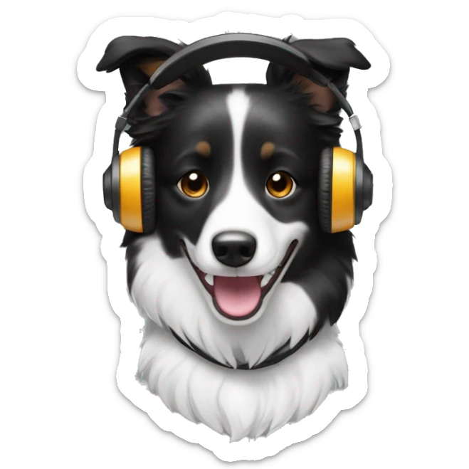 Short hair border collie black and white fur smiling and wearing headphones sticker