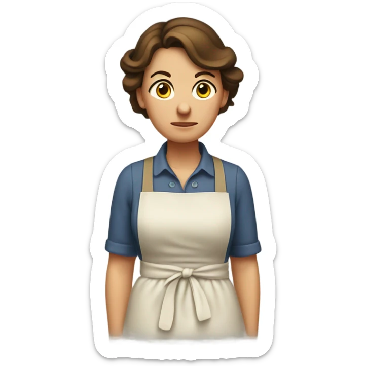"A middle-aged woman with tired eyes, brown hair tied back, and a warm but worried look. She wears a simple dress with an apron." sticker