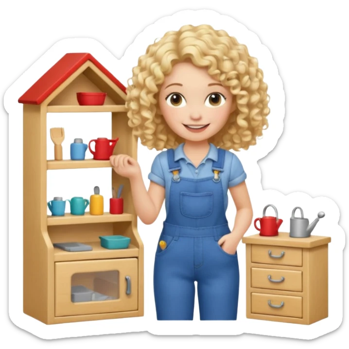 smiling blonde curly woman arranging furniture in doll house with overalls sticker