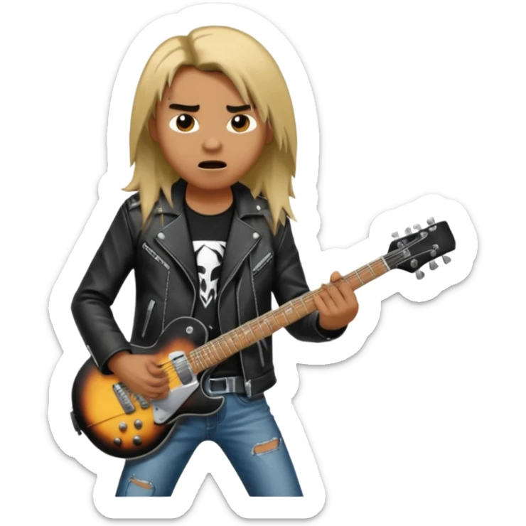 3D Apple-style emoji of a metal musician. Long hair, black leather jacket, ripped jeans, holding an electric guitar. Intense expression, glossy, rounded, smooth, soft shadows, white background.










 sticker