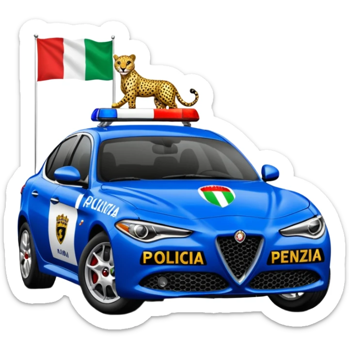 crea auto di servzio alfa romeo giulia colore nero con la scritta sul lato polizia penitenziaria e la un leopardo e la bandiera italiana sticker
