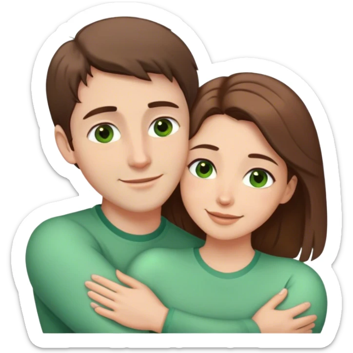 white couple with brown hair, man has short hair and brown eyes. woman has long hair and green eyes .they’re hugging each other  sticker