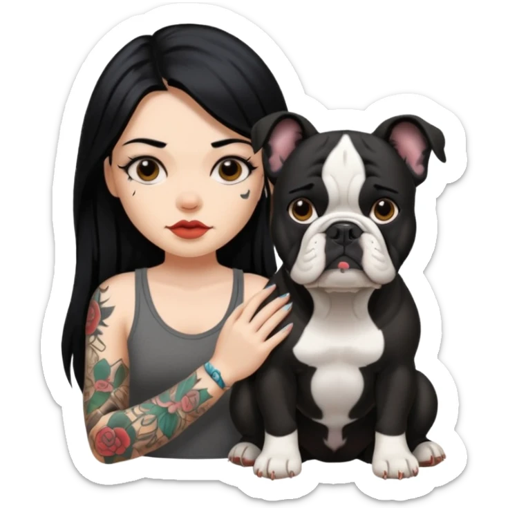 girl with long black  straight  hair and tattoos and a Black haired bulldog sticker