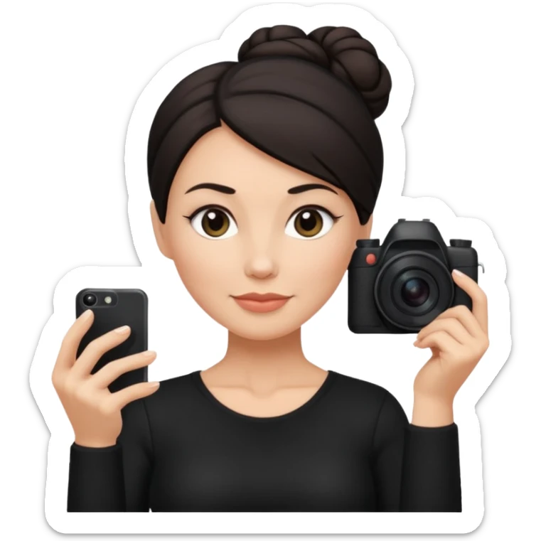48 year old woman photographer with dark hair in a bun, wearing black clothes sticker