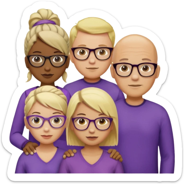 FIVE person team; 2 men and 3 women.  All dressed in yellow or purple.  2 caucasian women have blonde and 1 has ash blonde hair tied up.  1 man is African-american and bald, 1 man is caucasian and very little hair left.  All have glasses sticker