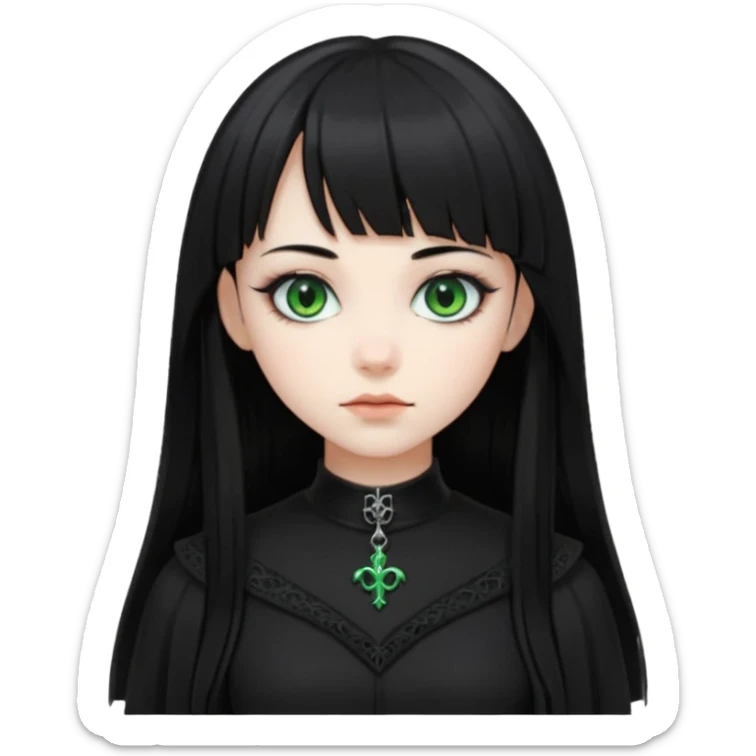 generate an image of a girl with long black hair, green eyes , caucasian and wearing gothic black clothes. Her bangs is very short sticker