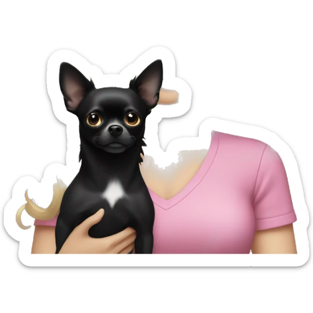 White girl with blonde hair and blue eyes wearing a pink shirt holding a black long hair chihuahua sticker