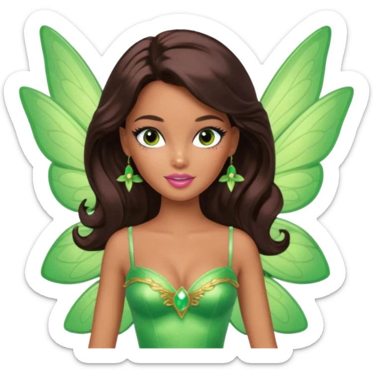 Pretty thick Barbie girl with caramel skin. Dark brown hair and brown eyes. She has freckles. Wearing sexy makeup. Wearing a green fairy costume and heels and flying sticker