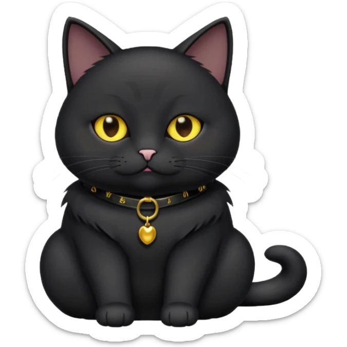 Un gato negro gordito con los ojos de color amarillos sentado con un collar que diga: waina michi sticker