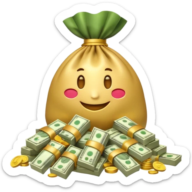 Luxury 3D emoji, overflowing money bag, stacks of cash, premium lighting, rich glossy look, ultra clean, transparent background


 sticker