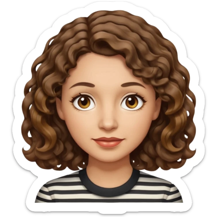 woman, 40s, chin-length wavy/curly/unruly brown-ish, few white stripes hair, hazel eyes, light skin sticker