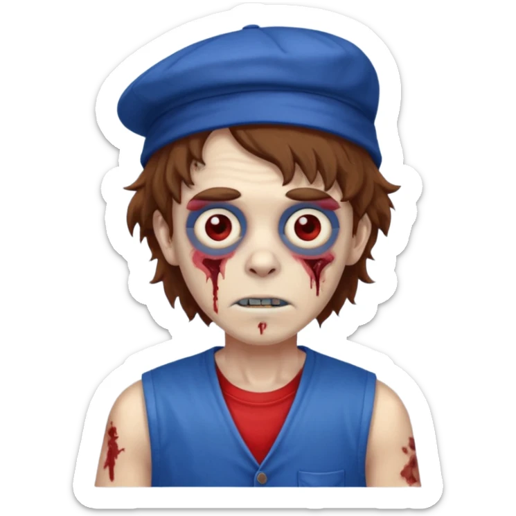 brown fluffy hair zombie with blue and white hat dark blue jilet red t shirt sticker
