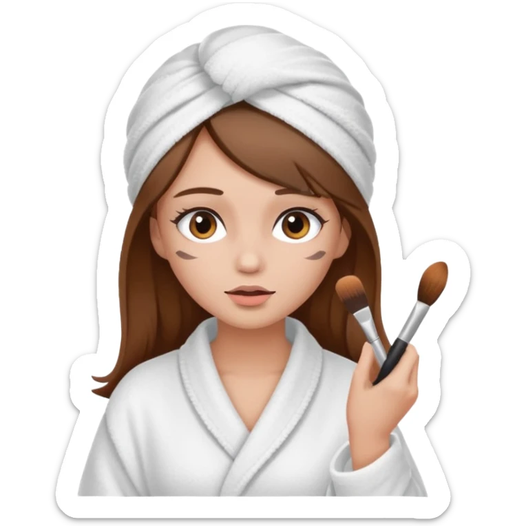 Girl with brown hair in white dressing gown and white towel wrapped in her head doing her makeup sticker