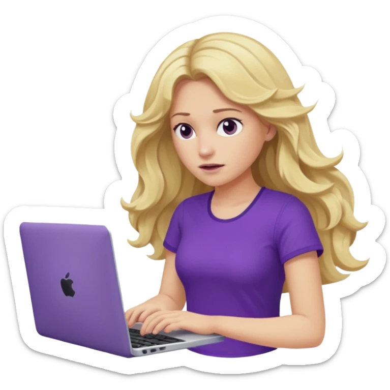 lady with long blonde wavy hair, purple top throwing her with a laptop looking defeated sticker